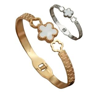 Hollow and White Mother of Pearl Flower Bangle Stainless Steel